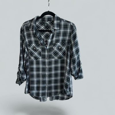 Billy T Shirt Women's Button Front Blouse Gray Plaid Corset Back Size Small