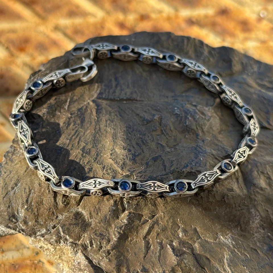 925 Silver Sapphire Gemstone Engraved Byzantine Sapphire Link Chain Bracelet - Image 4 of 4