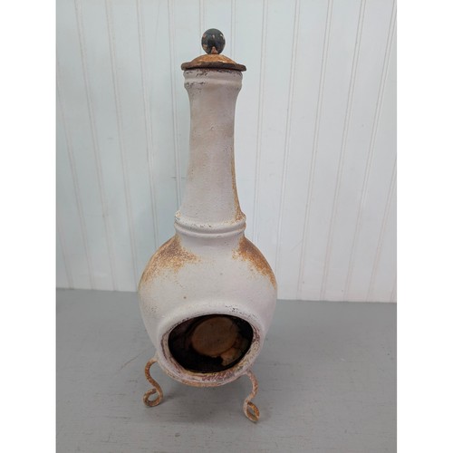 Vintage Rustic Miniature Chiminea White Terra Cotta Home Decor w/ Stand 18"