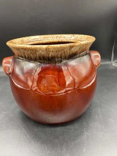A-4)Vintage HULL Pottery USA Ovenproof Bean Pot 2 qt. Brown Drip Glaze Stoneware