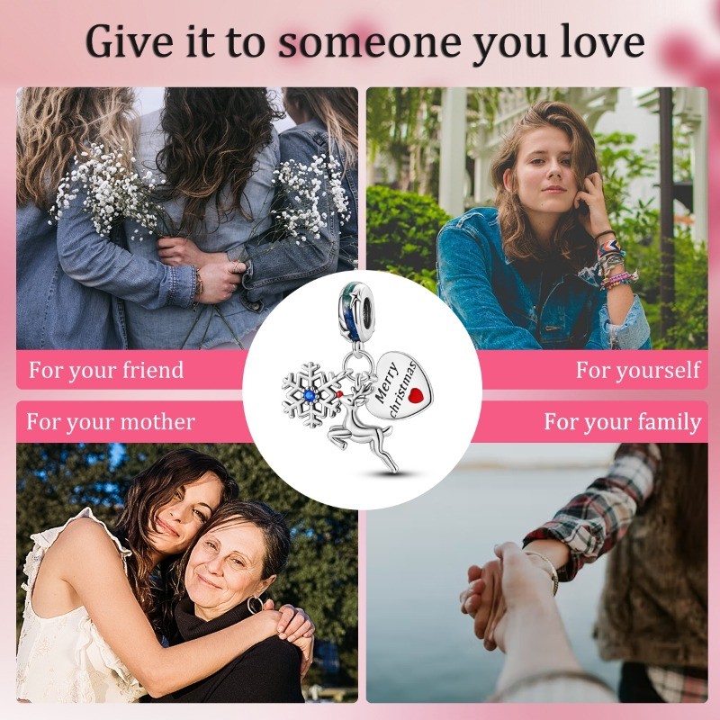 KUNSIR 925 Sterling Silver Charm For Bracelet Christmas Deer Message Tag Pendant