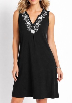 lands end embroidered above the knee dress Lands' End Sleeveless Black Dress with White Floral Embroidery Jersey Knit