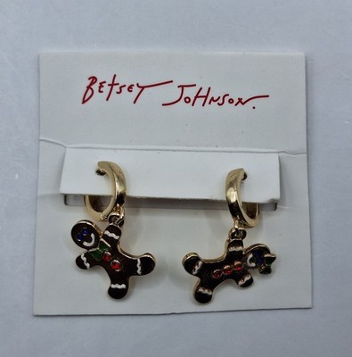 Betsey Johnson Rare Gold Tone Huggie Hoop Earrings Gingerbread Boy & Girl Charm