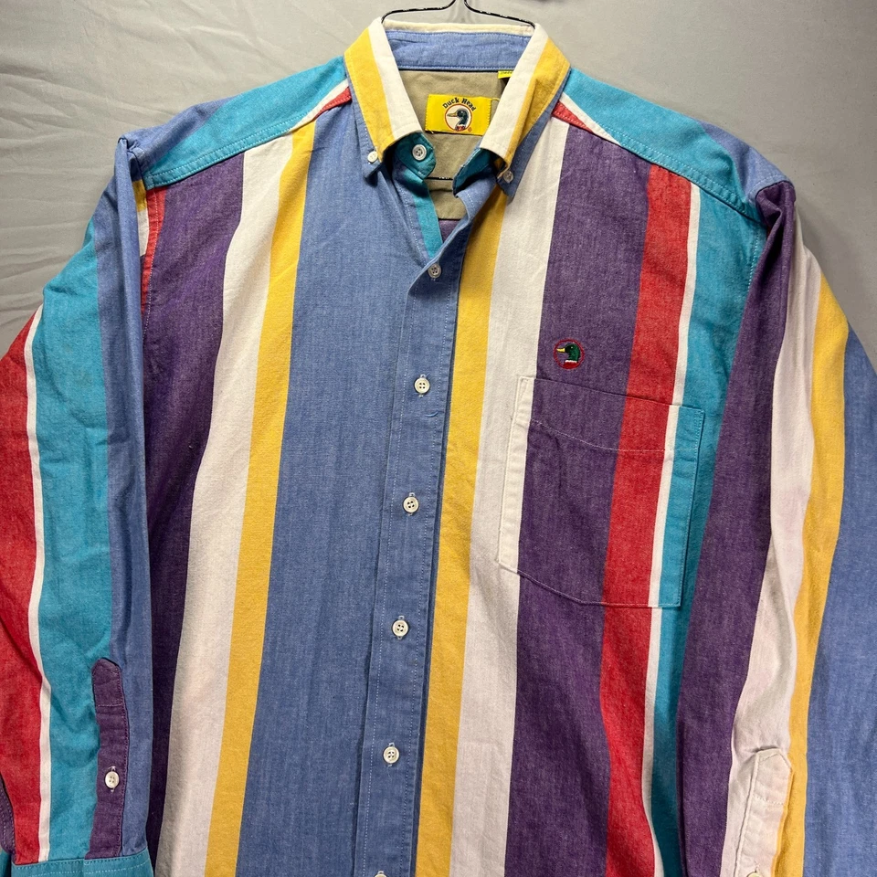 Camisa masculina vintage cabeça de pato média botão para baixo listrada multicolorida primavera EUA 90s - Imagem 4 de 4