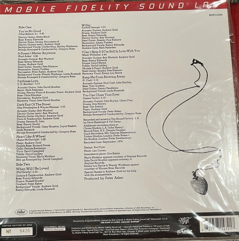 Linda Ronstadt•Heart Like a Wheel• MFSL- MoFi 180g Vinyl LP•Limited Edition Foto 2 de 3