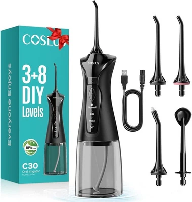 COSLUS Water Teeth Flosser Picks: 4 Modes Cordless Irrigator 300ML Portable Elec