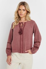 M&Co Petite Women's Long Sleeve Tie Neck Blouse