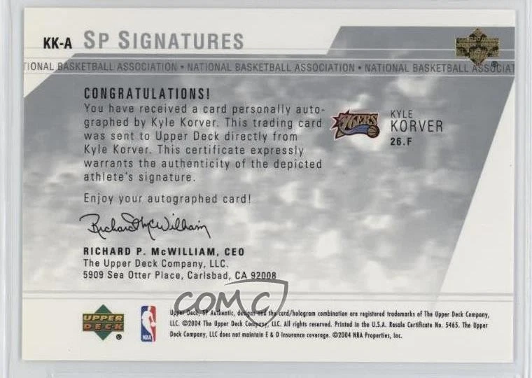 2003-04 SP Authentic SP Signatures Kyle Korver #KK-A Rookie Auto RC - Image 2 of 2