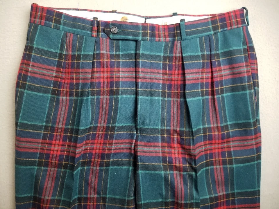 Vtg 70s Dress Pants Red Green Plaid Tartan Wool 36 Talon Zip Preppy Golf Pleated - Image 4 of 4