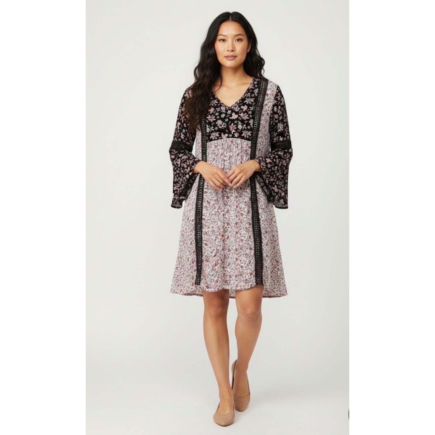 EST 1946 Mini Dress Bell Sleeve Women's Size L Floral Print Cottage Core Boho-image