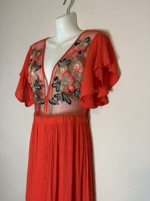 Cleobella Embroidered Maxi Slit Dress Red Floral Mesh Viscose NWT S Anthro