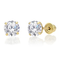 14K Real Solid Gold Solitaire Round CZ Sleeper Studs Earrings Screw-back 8mm