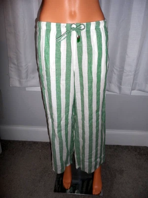 Pretty C & C California size S green white stripe drawstring wide leg linen pant - Image 1 of 4