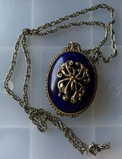 Vintage Max Factor Almost Full Solid Perfume Locket Blue & Gold Pendant Compact
