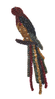 vintage colorful 7 1/2'' parrot on roost pin brooch sequins red blue green gold