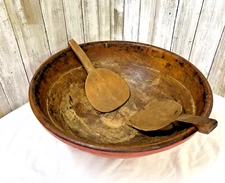 Vtg LARGE Primitive Wooden DOUGH Mixing OVAL BOWL & 2 Paddles
