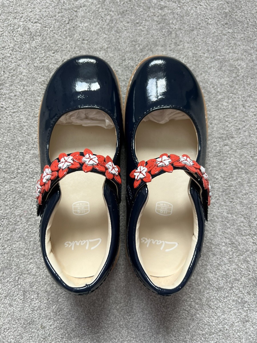 BNIB Clarks Girls CROWN PETAL Navy Patent Leather Shoes UK