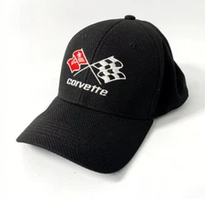 Hat / Cap - Black Flexfit Style w/ Chevy C3 Corvette Crossed Flags Emblem