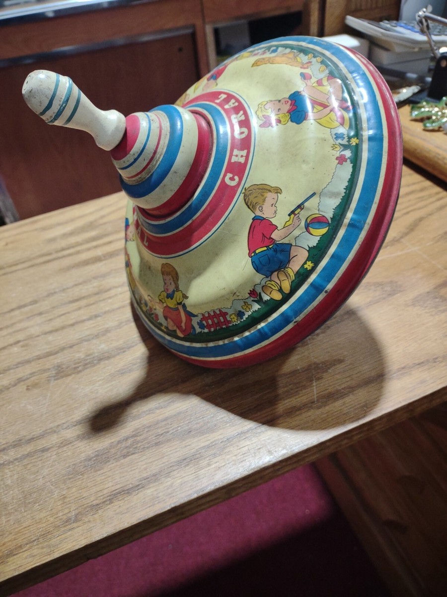 Vintage Choral Spinning Top Tin Lithography Toy Made Occupied