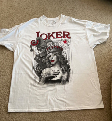 NWT 2020 ODM Men White T-SHIRT Graphic Gothic Joker Queen Card Tattoo Design 2XL