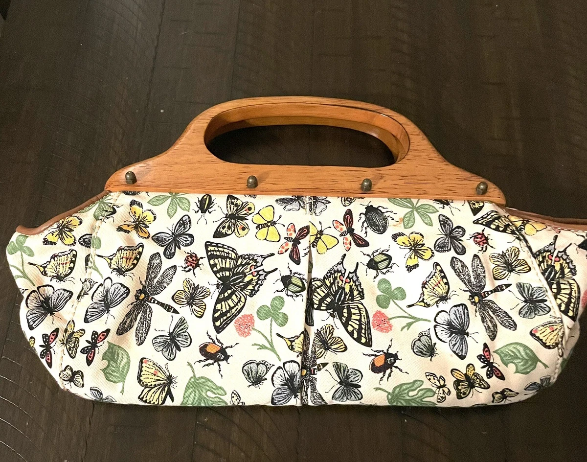 J. Crew Butterfly Insect Canvas Cotton Purse Wood Handles Handbag