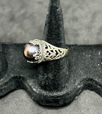 925 Sterling Silver Filigree Black Pearl Ring Size 6 - 6.06g
