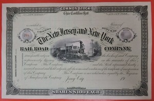 1900s NEW JERSEY AND NEW YORK RAILROAD COMPANY STOCK CERTIFICATE