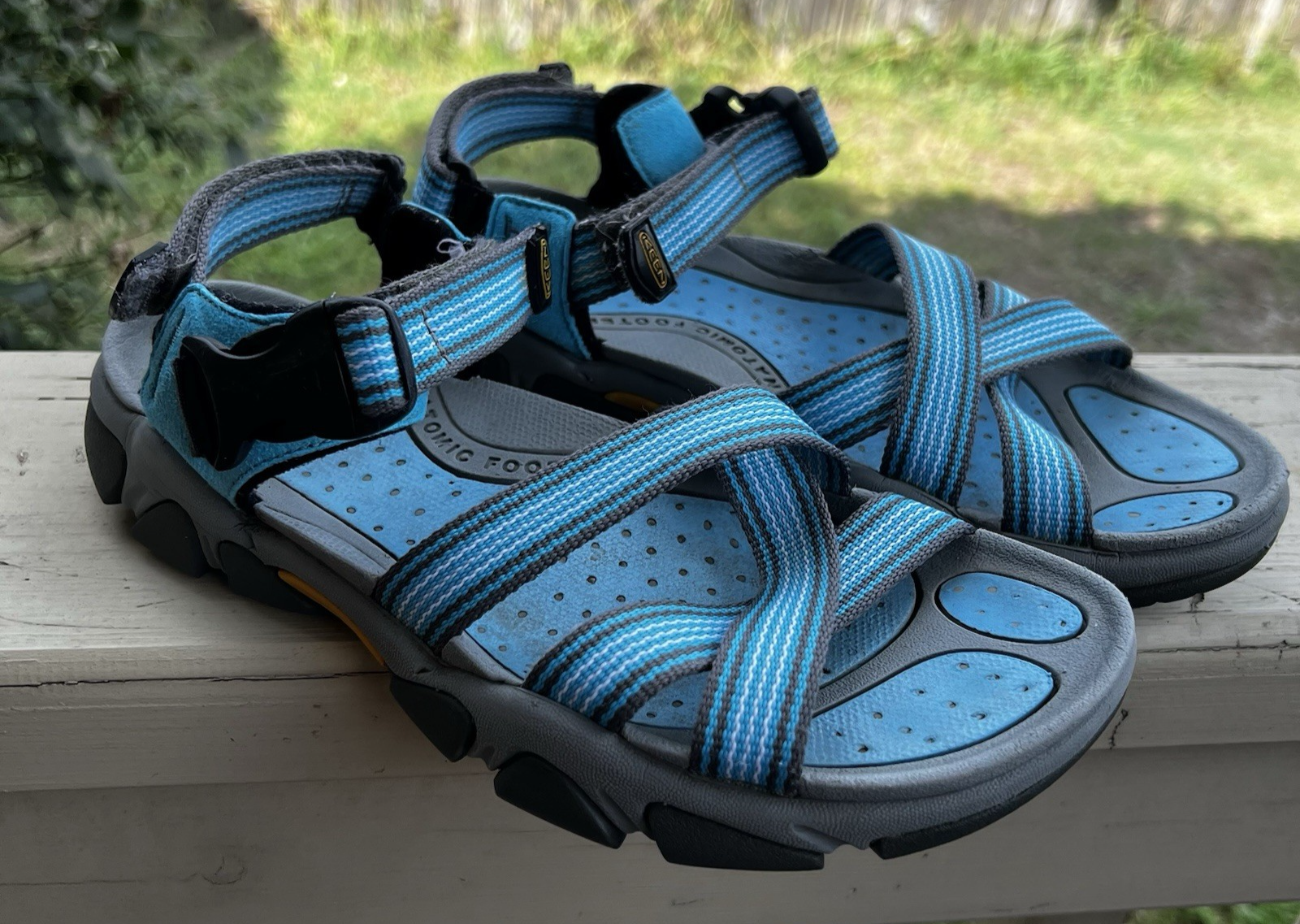 Sandali donna KEEN blu grigio tessuto incrociato outdoor cinturino alla caviglia taglia 8