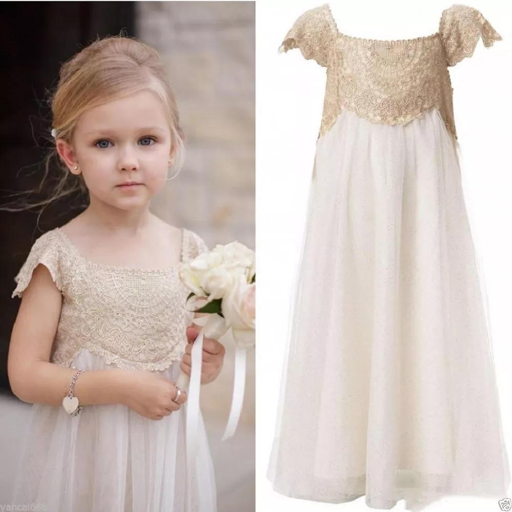 Vintage Flower Girl Dresses Champagne Lace Tulle First Communion Dresses Custom