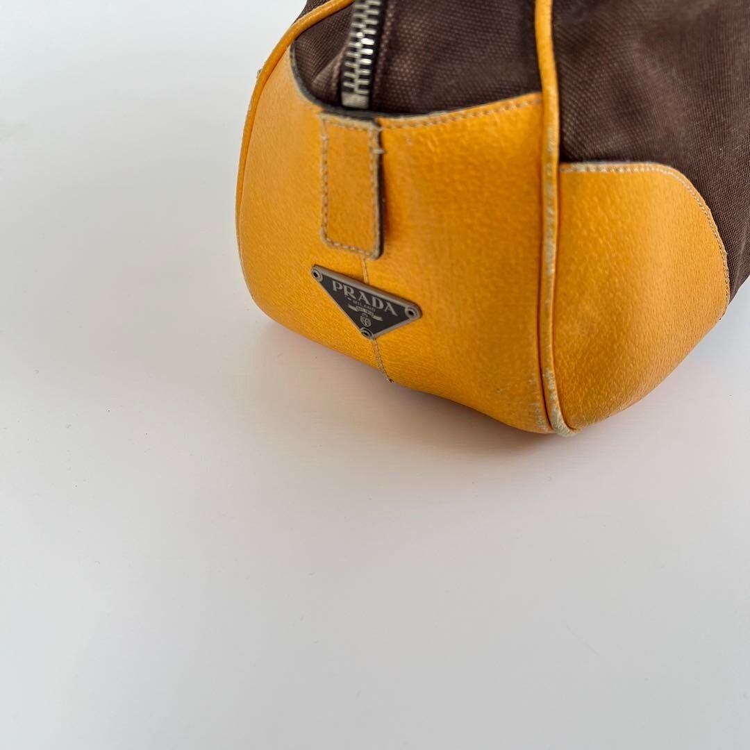 バッグ PRADA BOSTON CANVAS LEATHER HAND BAG PRADA Vintage Canvas Leather Mini Boston Bowling Bag Brown