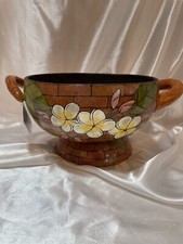 Hand Painted Floral Gourd Footed Console Bowl Signed Original Tag Dated