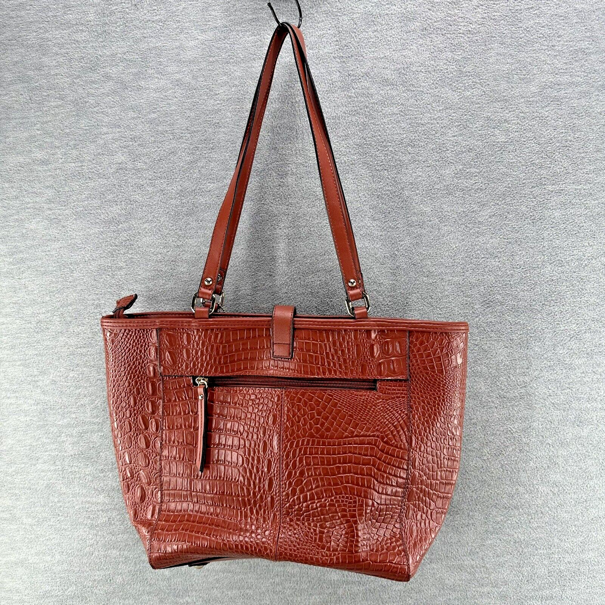 Madi Claire Brown Croco Embossed Genuine Leather Double Handle