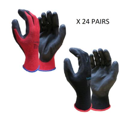 24 Paar SAFE-T rot schwarz PU Grip beschichtete Nylon Arbeitshandschuhe Bauherren Gartenarbeit 