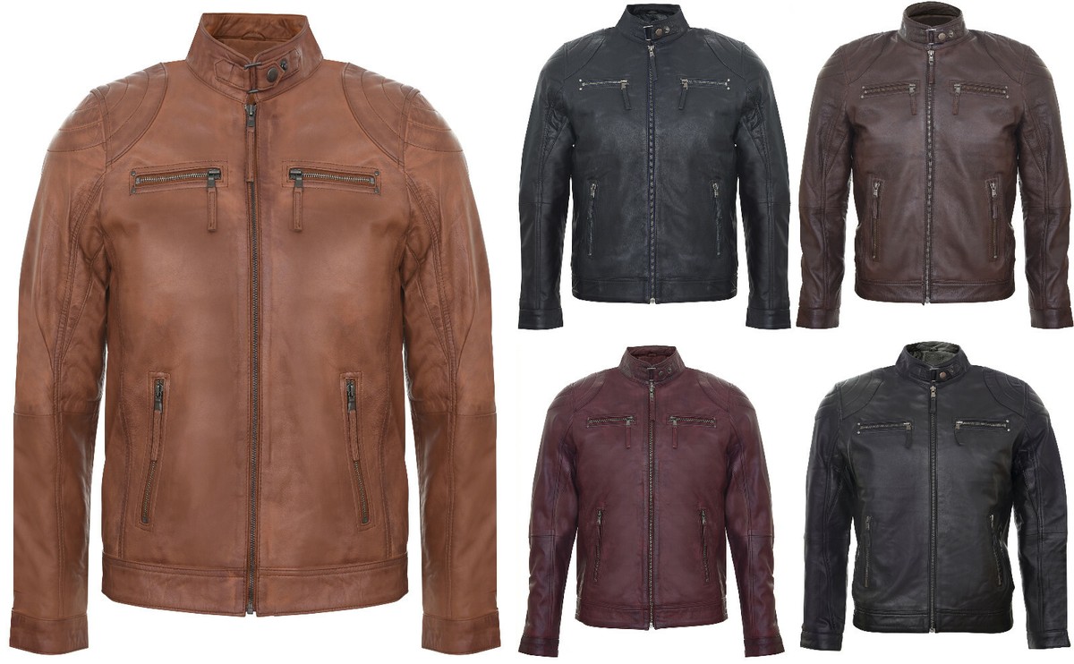 Men's Casual 100% Leather Retro Vintage Zipped Racing Biker Jacket