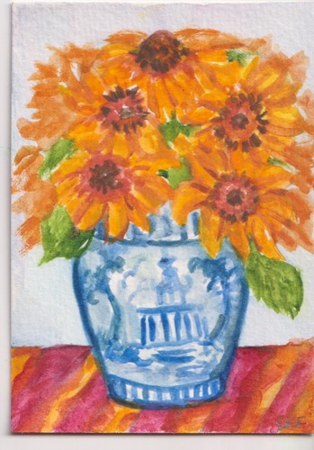 Original ACEO Sunflowers, Blue & white Vase Watercolor Painting, Sharon Foster