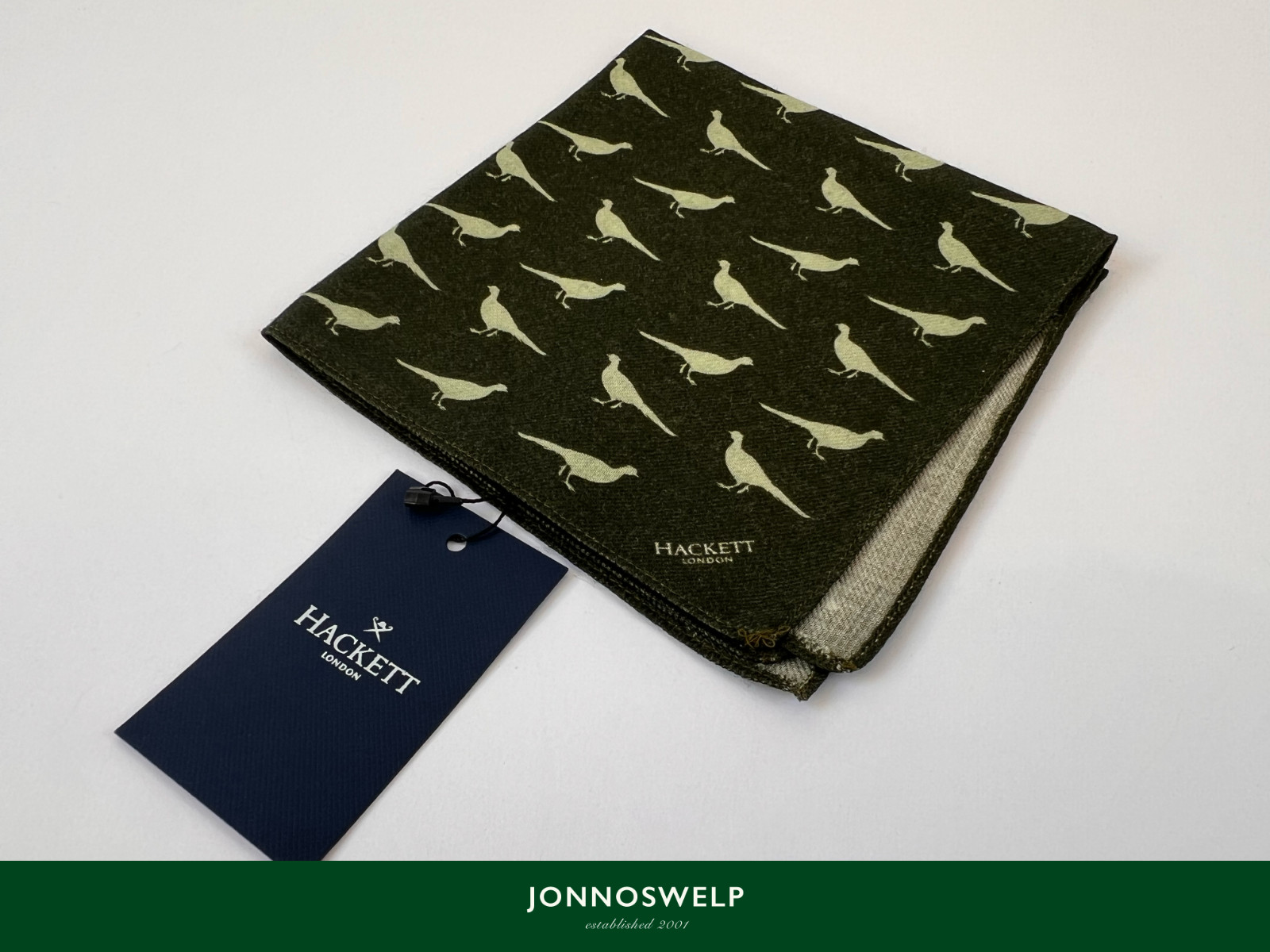 Hackett Pocket Square Green Pheasant Silhouette Pattern 100percent Wool Hanky RRP £70