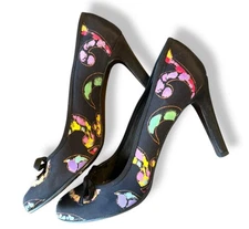 Stuart Weitzman Black Bow 3.5 High Heels Pumps Multi Abstract Print sz 7.5 N