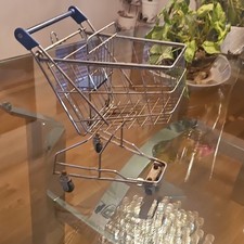 Miniature Silver Metal Wire Toy Shopping Cart w/ Blue Handles Pretend Play