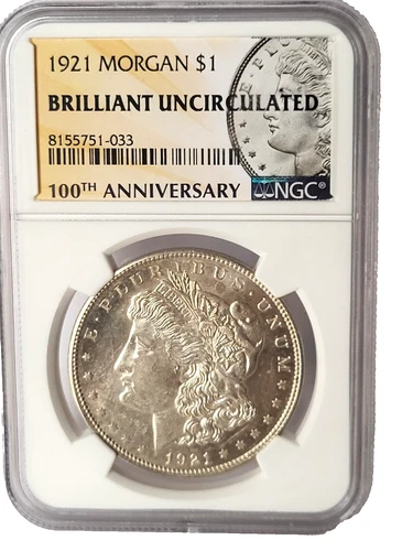 1921 Brilliant Uncirculated  Morgan Silver Dollar NGC 100th Anniversary 2021