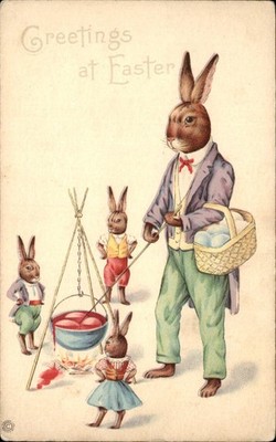 Easter Anthropomorphic Rabbit Family Anthropomorphic c1910s-20s Vintage Postcard