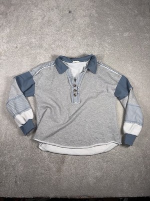 new in womens collared henley button sweatshirt  m blue/gray oversized Striped