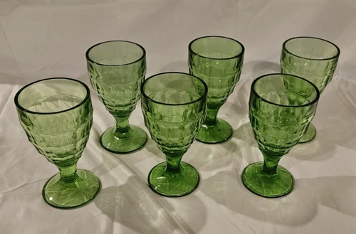 Hazel-Atlas Colonial Block Green Depression Uranium Glass Water Goblets Six Pack