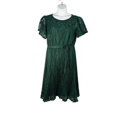 Studio One Dress Womens 14 Emerald Green Lace Box Pleat Short Sheer Sleeves Tie