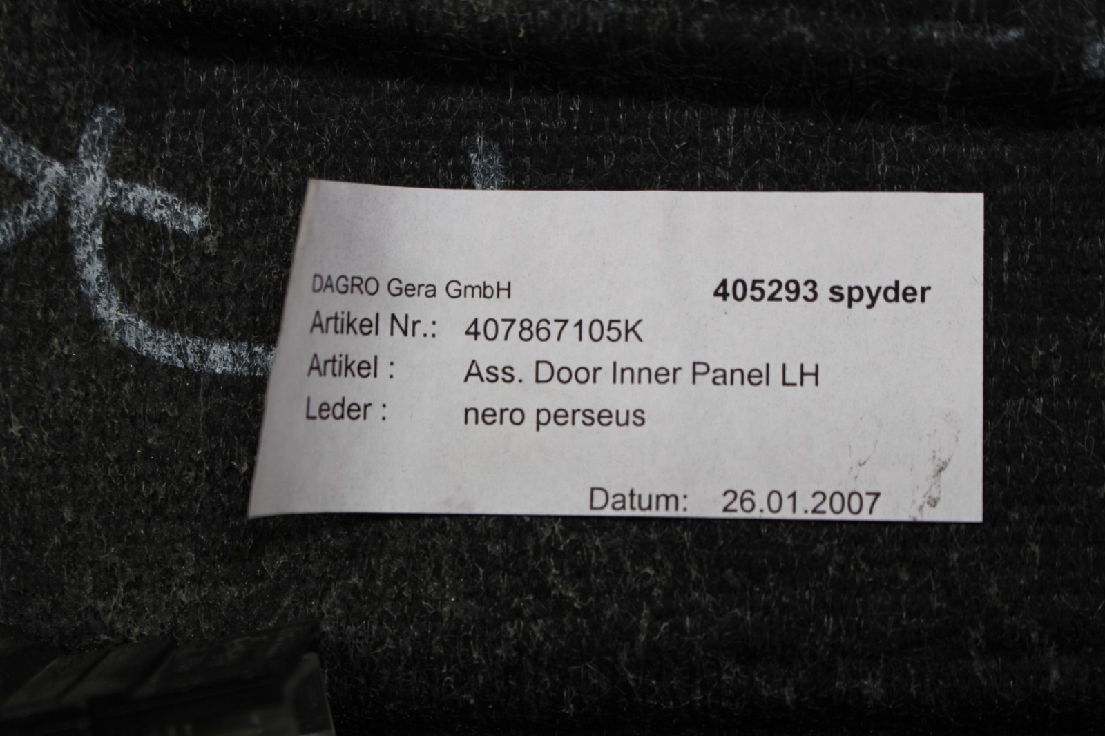 Lamborghini Gallardo Spyder, LH, Front Door Panel, Used, P/N 407867105