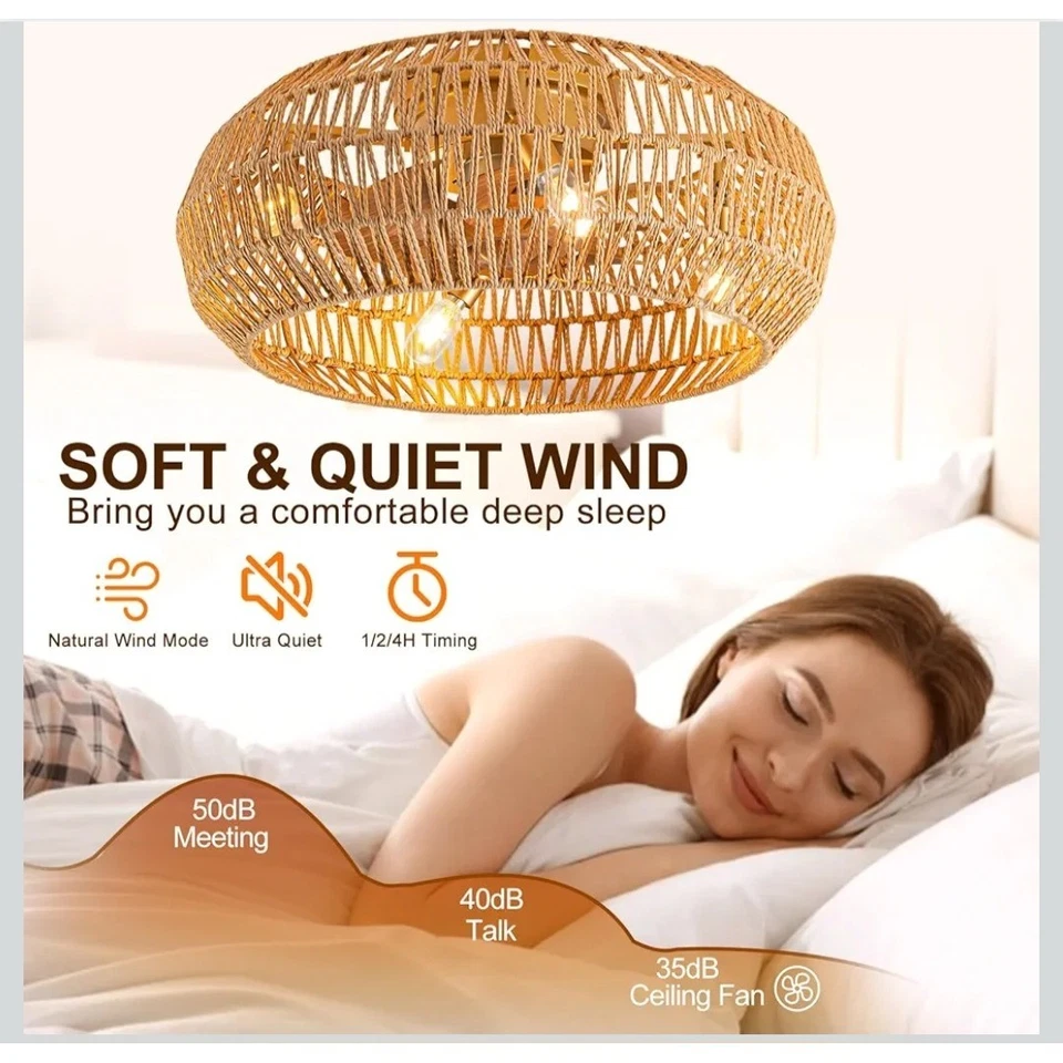 Boho Rattan Ceiling Fan with Light Remote Woven Lamp Shade 8 Reversible Blades - Image 2 of 4