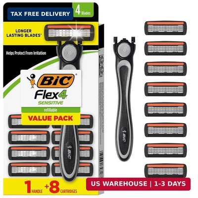 BIC Flex 4 Refillable Razors for Men, Long-Lasting 4 Blade Razors for Sensitive