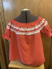 Red Polka Dot Square Dance Blouse With Lace And Cute Strawberries- Fits XL
