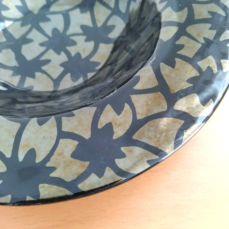 Hand made 6 7/8" art glass bowl / plate - signed by artist J. CAMP.  Gold/black