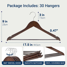 30 Pack Retro Wooden Coat Hangers Vintage Wood Suit Hangers with Pant Bar