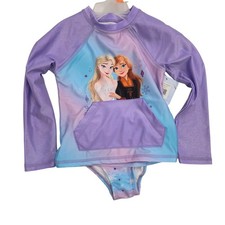 Disney Frozen Elsa Anna 2-Piece Rash Guard Swimsuit Set Purple Blue 4T NEW